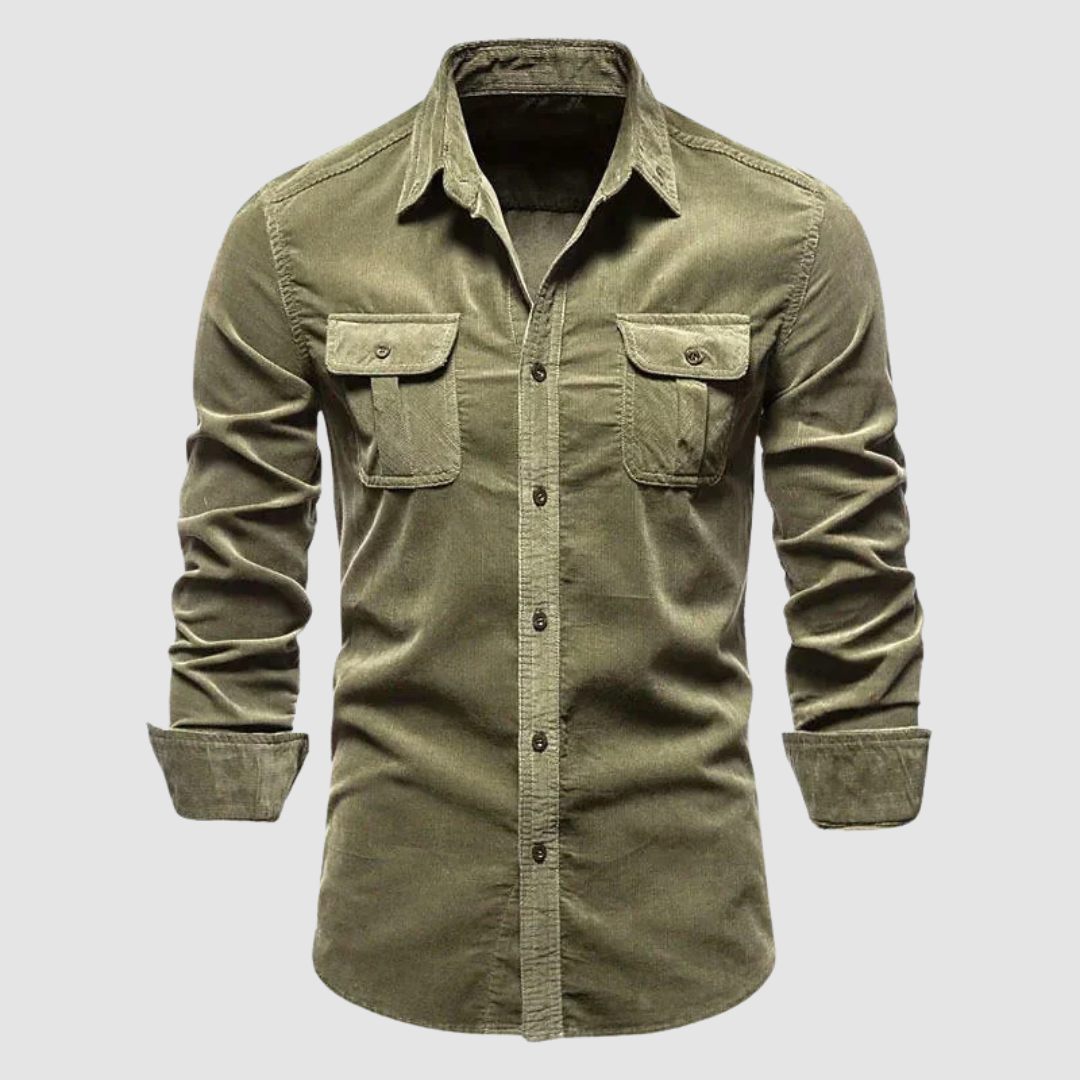 Army green Harry™ Premium Corduroy Shirt by THE WHITMORE FAMILY, shown with button-down front and soft textured fabric.