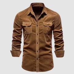 Harry™ Premium Corduroy Shirt in army green by THE WHITMORE FAMILY, shown on a model, featuring a classic collar and button-front design.
