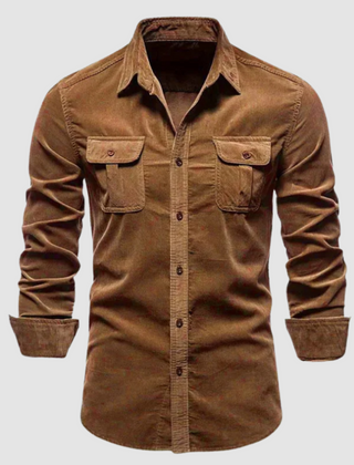 Harry™ Premium Corduroy Shirt in army green by THE WHITMORE FAMILY, shown on a model, featuring a classic collar and button-front design.