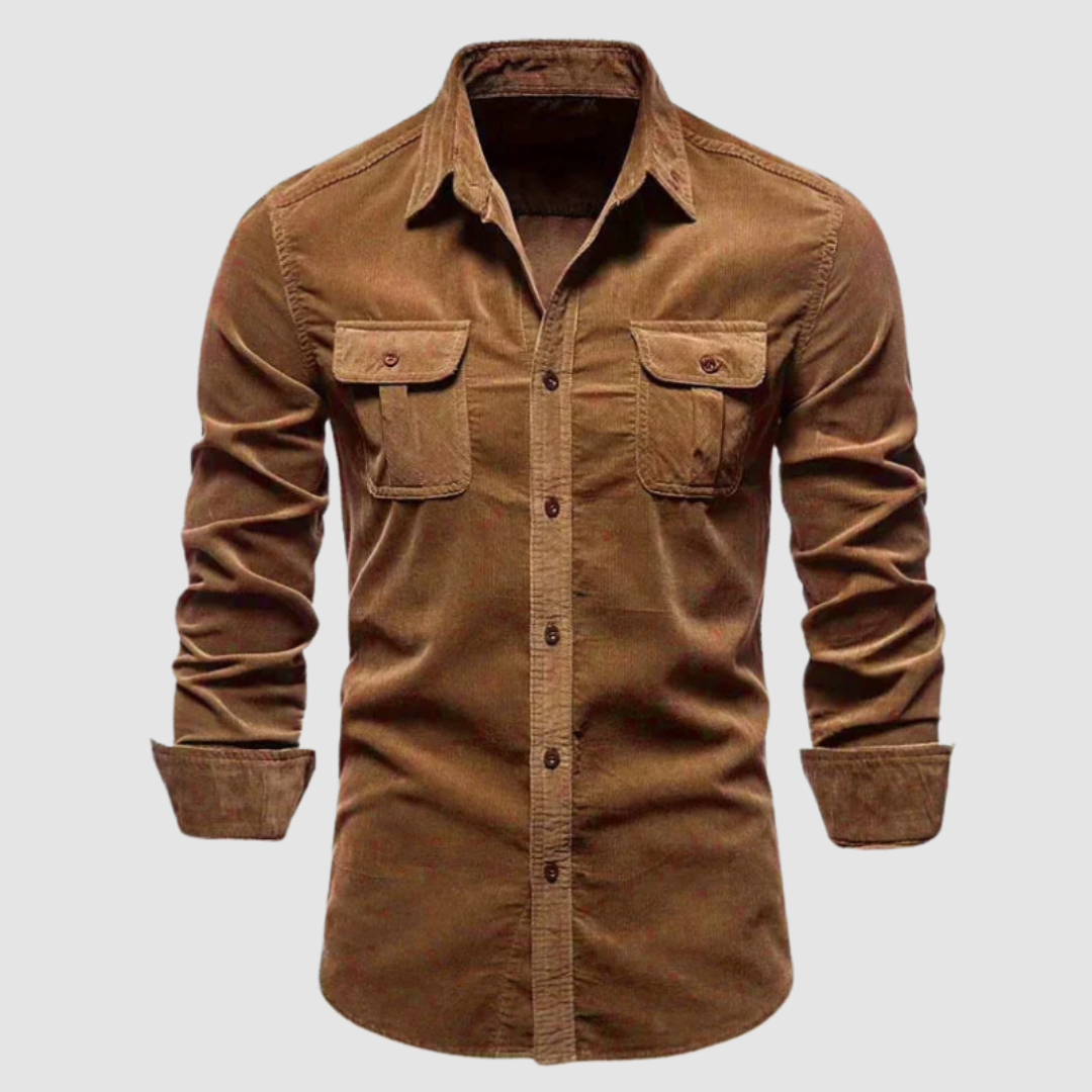 Harry™ Premium Corduroy Shirt in army green by THE WHITMORE FAMILY, shown on a model, featuring a classic collar and button-front design.