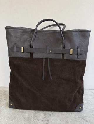 Front view of THE WHITMORE FAMILY Juliette Suede Tote bag with sleek design and spacious interior.