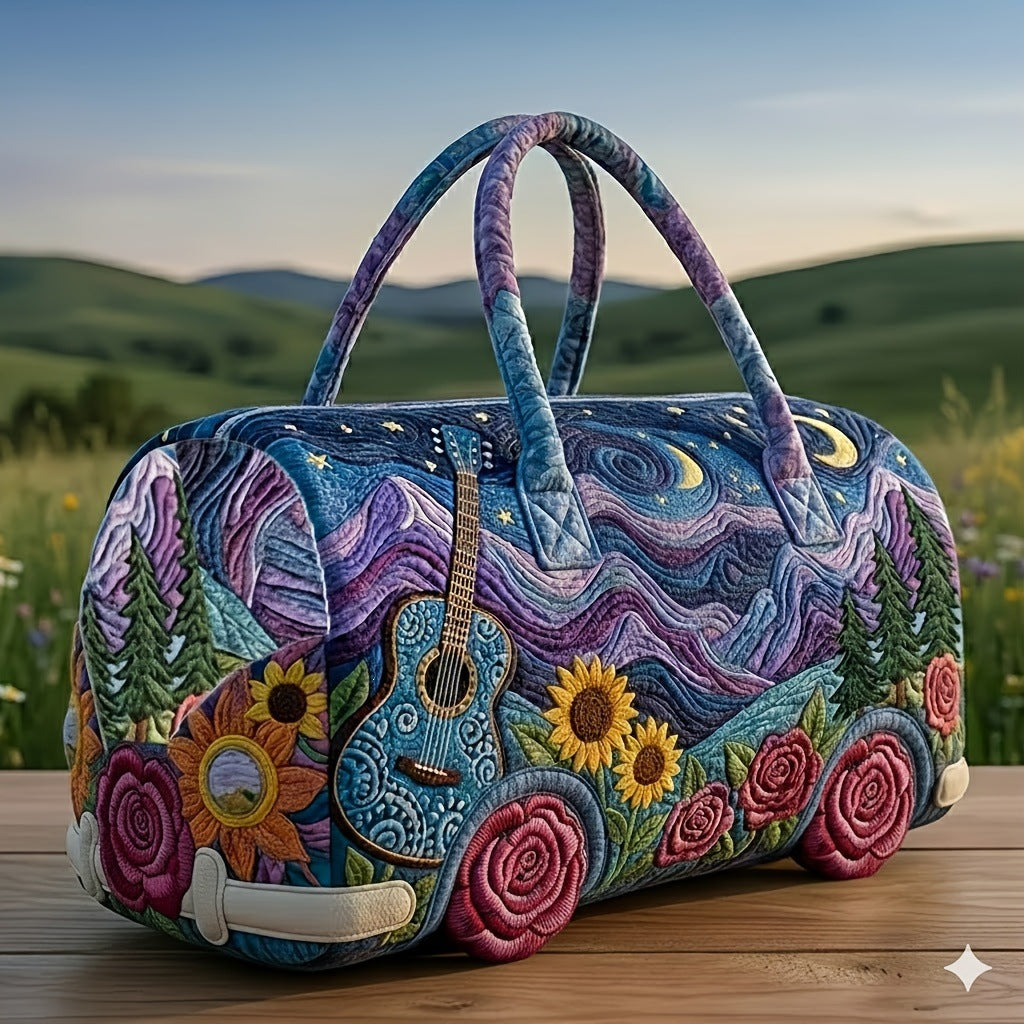 Light gray quilted travel duffle bag by THE WHITMORE FAMILY, featuring sturdy handles and spacious interior for luggage.