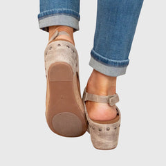 Beige Adela™ orthopedic sandals by THE WHITMORE FAMILY with cushioned straps and supportive sole, designed for comfort and style.
