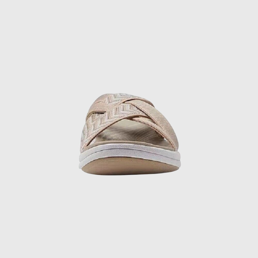 Beige Jade™ orthopedic sandals from THE WHITMORE FAMILY featuring cushioned soles and supportive design for comfortable wear.