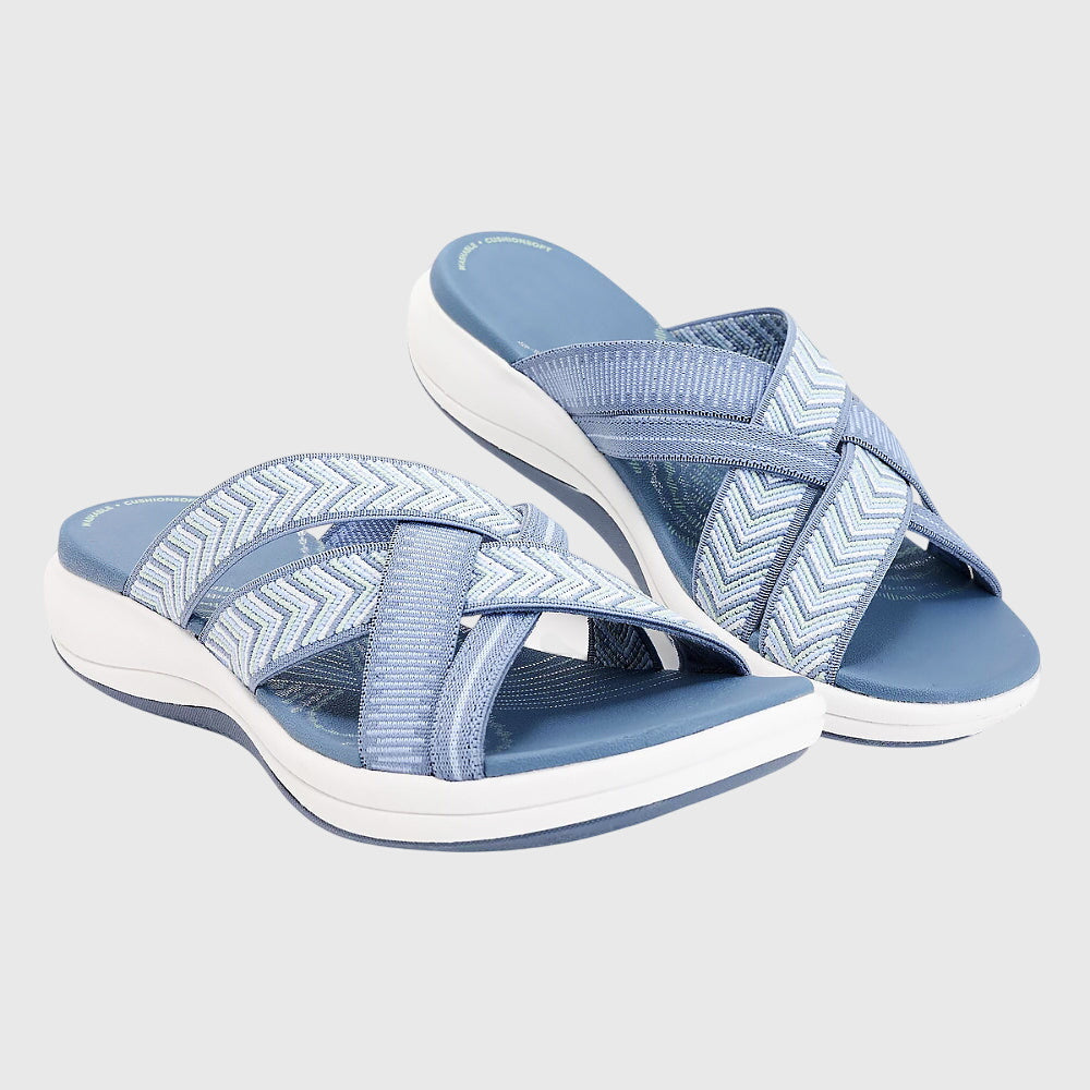 Beige Jade™ orthopedic sandals by THE WHITMORE FAMILY featuring cushioned soles and adjustable straps, suitable for comfortable everyday wear.