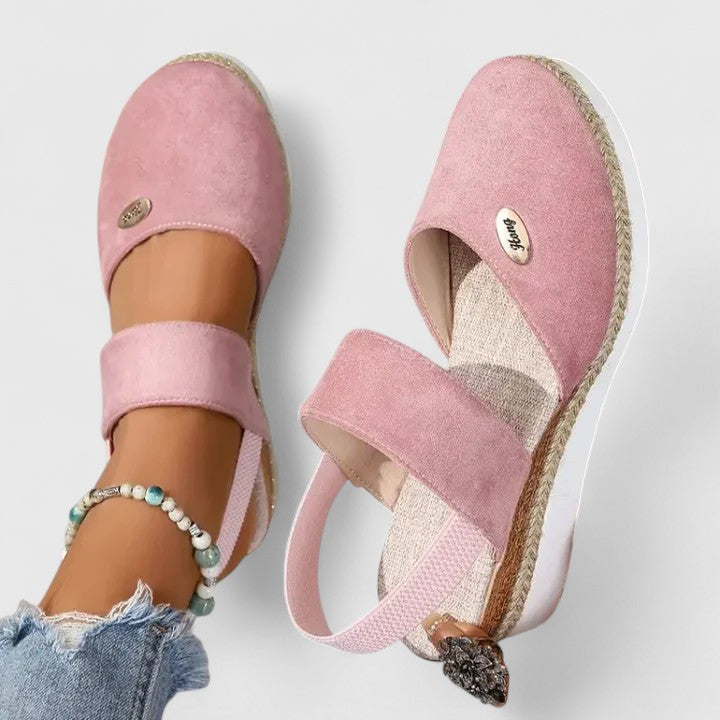 Beige Maylien™ orthopedic sandals by THE WHITMORE FAMILY with cushioned straps and contoured footbed for comfort.