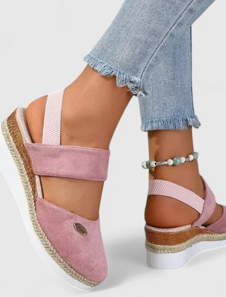 Beige Maylien™ orthopedic sandals by THE WHITMORE FAMILY with cushioned straps and supportive sole, ideal for comfort and everyday wear.