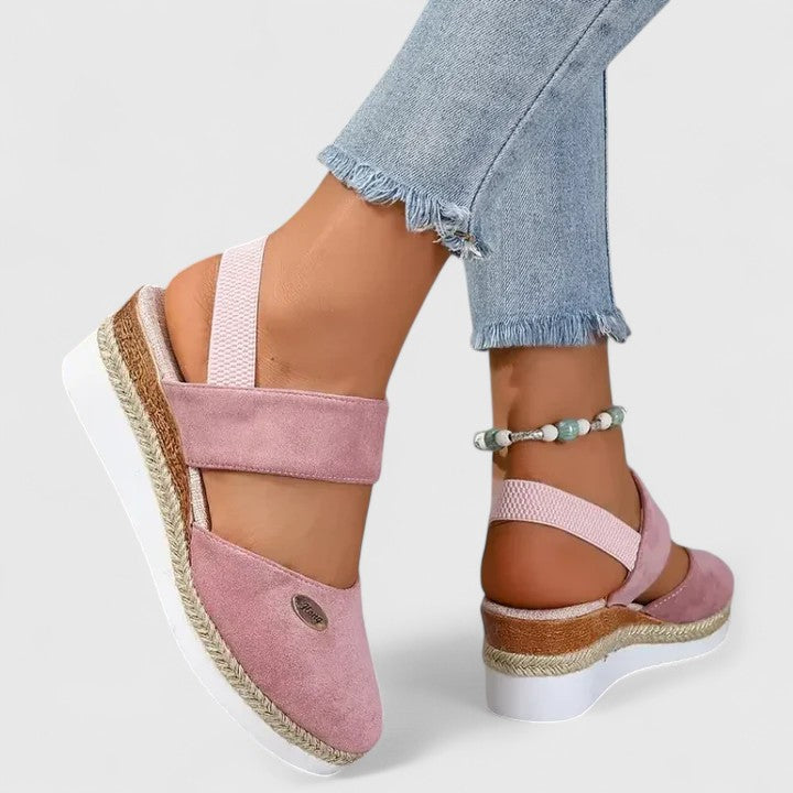 Beige Maylien™ orthopedic sandals by THE WHITMORE FAMILY with cushioned straps and supportive sole, ideal for comfort and everyday wear.