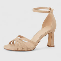 Beige Orlissa comfortable heels by THE WHITMORE FAMILY featuring a sleek design and cushioned sole for all-day wear.