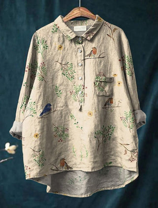 Beige Ella Birdsong Shirt by THE WHITMORE FAMILY featuring a delicate bird pattern on soft fabric.