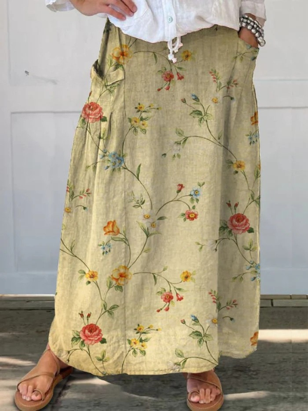 Beige Mella™ retro floral art elastic waistband pocket skirt by THE WHITMORE FAMILY, featuring vintage-inspired design and side pockets.