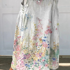 Beige Mella™ retro floral art skirt with elastic waistband and pockets, designed by THE WHITMORE FAMILY.