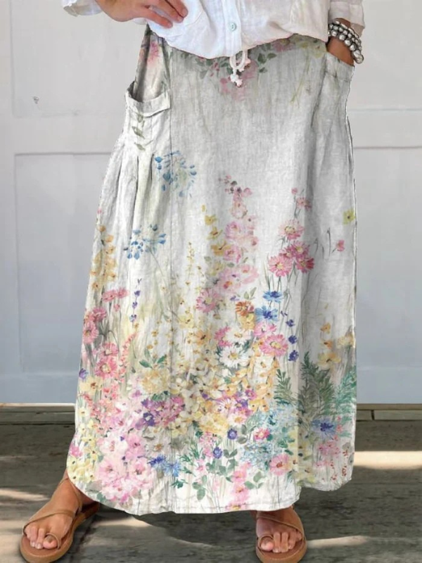 Beige Mella™ retro floral art skirt with elastic waistband and pockets, designed by THE WHITMORE FAMILY.