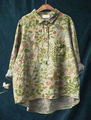 Beige floral forest shirt from THE WHITMORE FAMILY's Olivia collection, featuring a relaxed fit and botanical print.