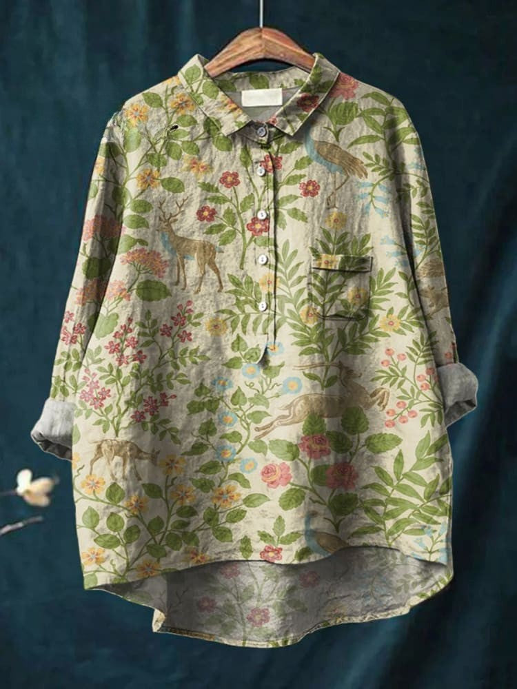 Beige floral forest shirt from THE WHITMORE FAMILY's Olivia collection, featuring a relaxed fit and botanical print.