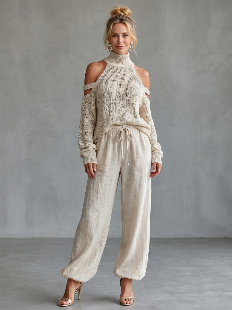 Beige open shoulder knit top and wide-leg pants set by THE WHITMORE FAMILY, featuring a stylish, comfortable knit design.