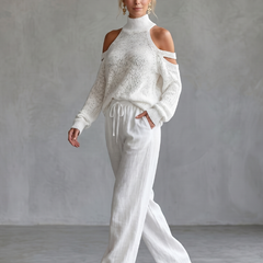Beige open shoulder knit top and wide leg pants set by THE WHITMORE FAMILY, stylish and comfortable casual wear.