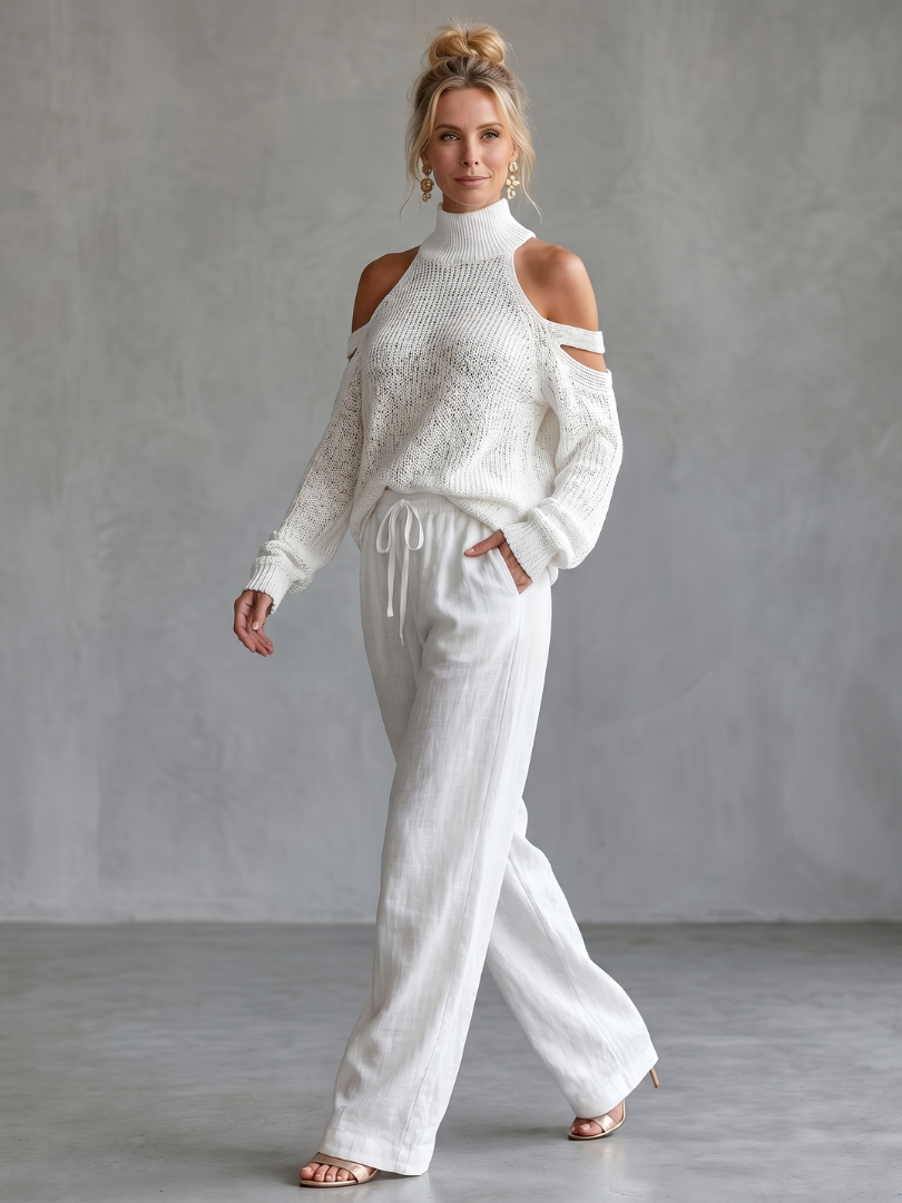 Beige open shoulder knit top and wide leg pants set by THE WHITMORE FAMILY, stylish and comfortable casual wear.