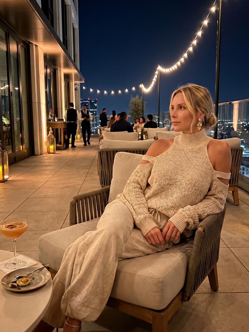 Beige open shoulder knit top and wide-leg pants set by THE WHITMORE FAMILY, stylish and comfortable fashion ensemble.