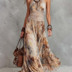 Beige Bianca maxi dress by THE WHITMORE FAMILY featuring stylish lace trim, flowing silhouette, and sleeveless design.