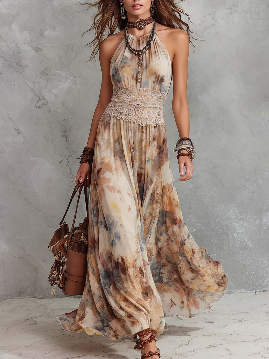 Beige Bianca maxi dress by THE WHITMORE FAMILY featuring stylish lace trim, flowing silhouette, and sleeveless design.