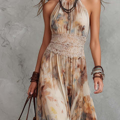 Beige Bianca maxi dress by THE WHITMORE FAMILY featuring stylish lace trim and flowy silhouette, seen on a model.