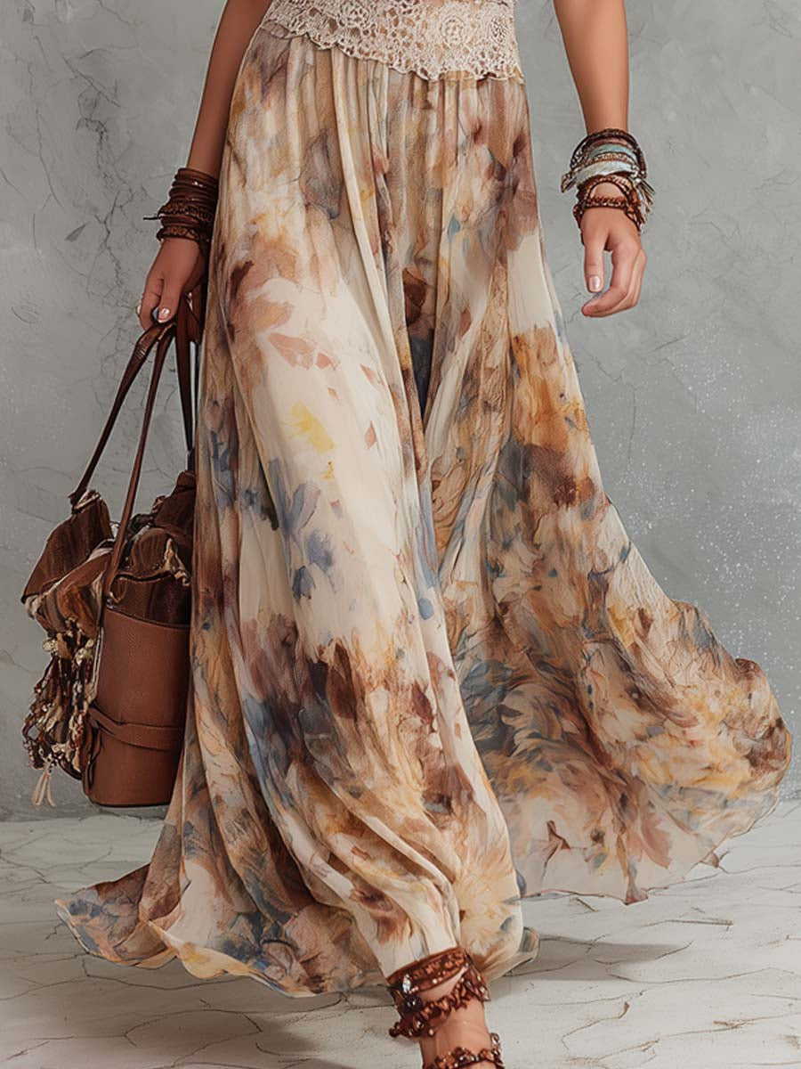 Beige Bianca maxi dress by THE WHITMORE FAMILY featuring stylish lace trim, sleeveless design, and flowing fabric.
