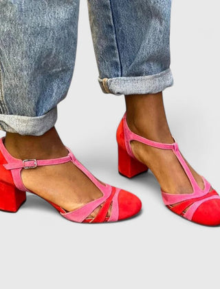 Berry red Lazariah modern heels by THE WHITMORE FAMILY, stylish footwear featuring sleek design and comfortable heel height.