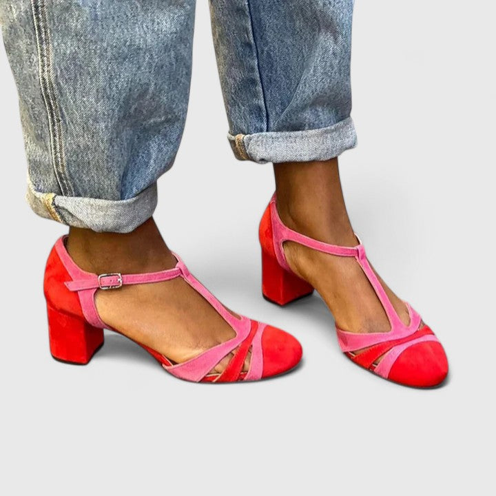 Berry red Lazariah modern heels by THE WHITMORE FAMILY, stylish footwear featuring sleek design and comfortable heel height.