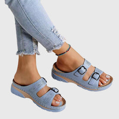 Light blue Diora™ orthopedic leather sandals by THE WHITMORE FAMILY, showcasing comfortable design and quality craftsmanship.