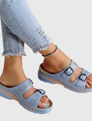 Light blue Diora™ orthopedic leather sandals by THE WHITMORE FAMILY, showcasing comfortable design and quality craftsmanship.