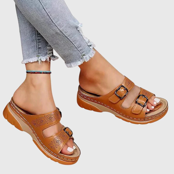 Light blue Diora™ orthopedic leather sandals by THE WHITMORE FAMILY, featuring supportive design and premium leather straps.