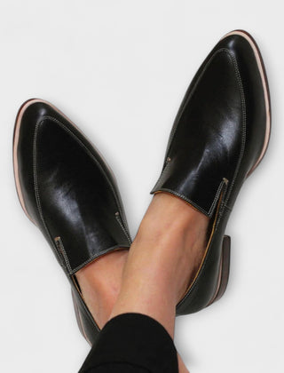 Black Jhazmiel orthopedic loafers by THE WHITMORE FAMILY, showcasing comfortable, supportive slip-on footwear for men.