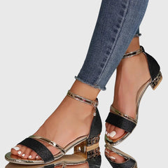 Black Alison™ orthopedic heeled sandals by THE WHITMORE FAMILY with supportive insoles and stylish block heels.