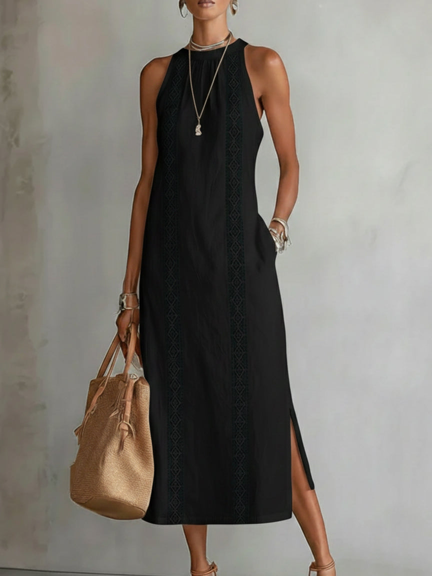 Black Celine sleeveless lace detail midi dress by THE WHITMORE FAMILY displayed on a model. Elegant and stylish evening wear.