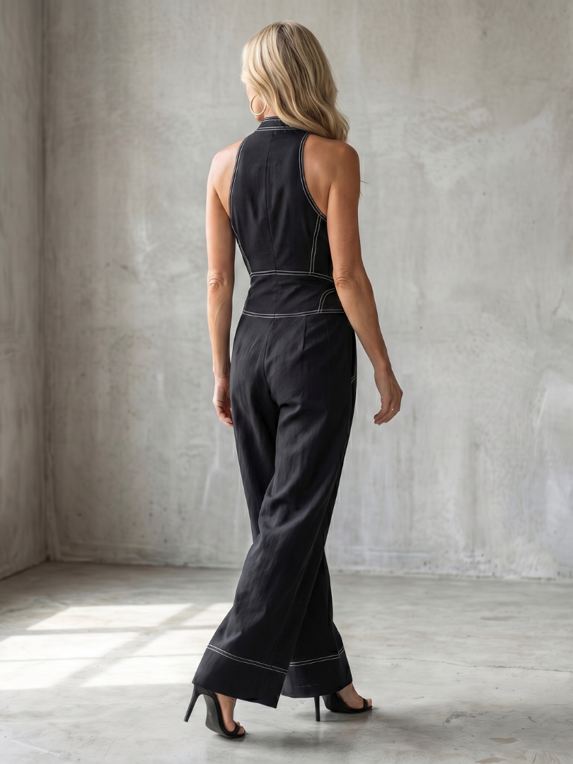 Black Dara jumpsuit by THE WHITMORE FAMILY featuring a zip front, contrast stitching, and wide-leg design.