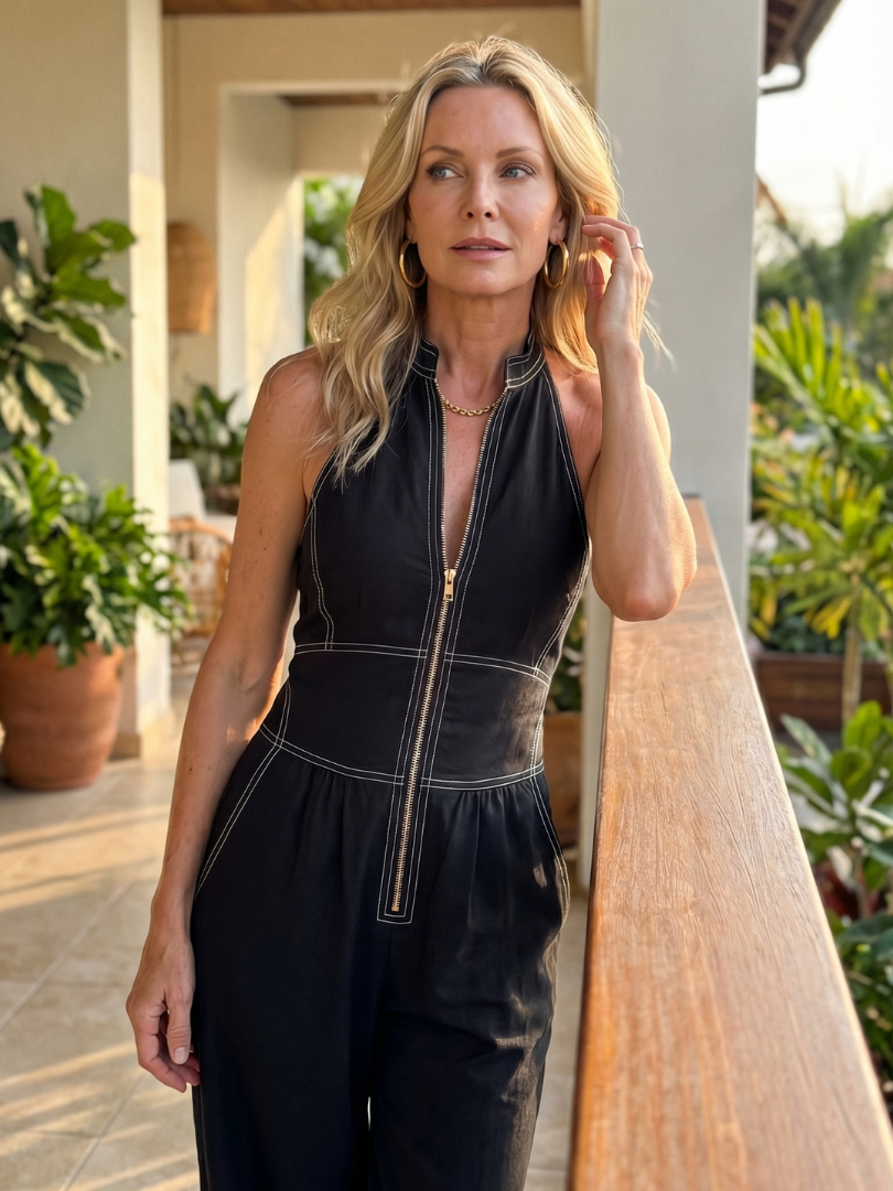 Black Dara jumpsuit by THE WHITMORE FAMILY with zip front, contrast stitching, wide-leg design, and long sleeves.