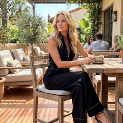 Black Dara zip-front contrast stitch wide-leg jumpsuit by THE WHITMORE FAMILY displayed on a hanger with detailed stitching.