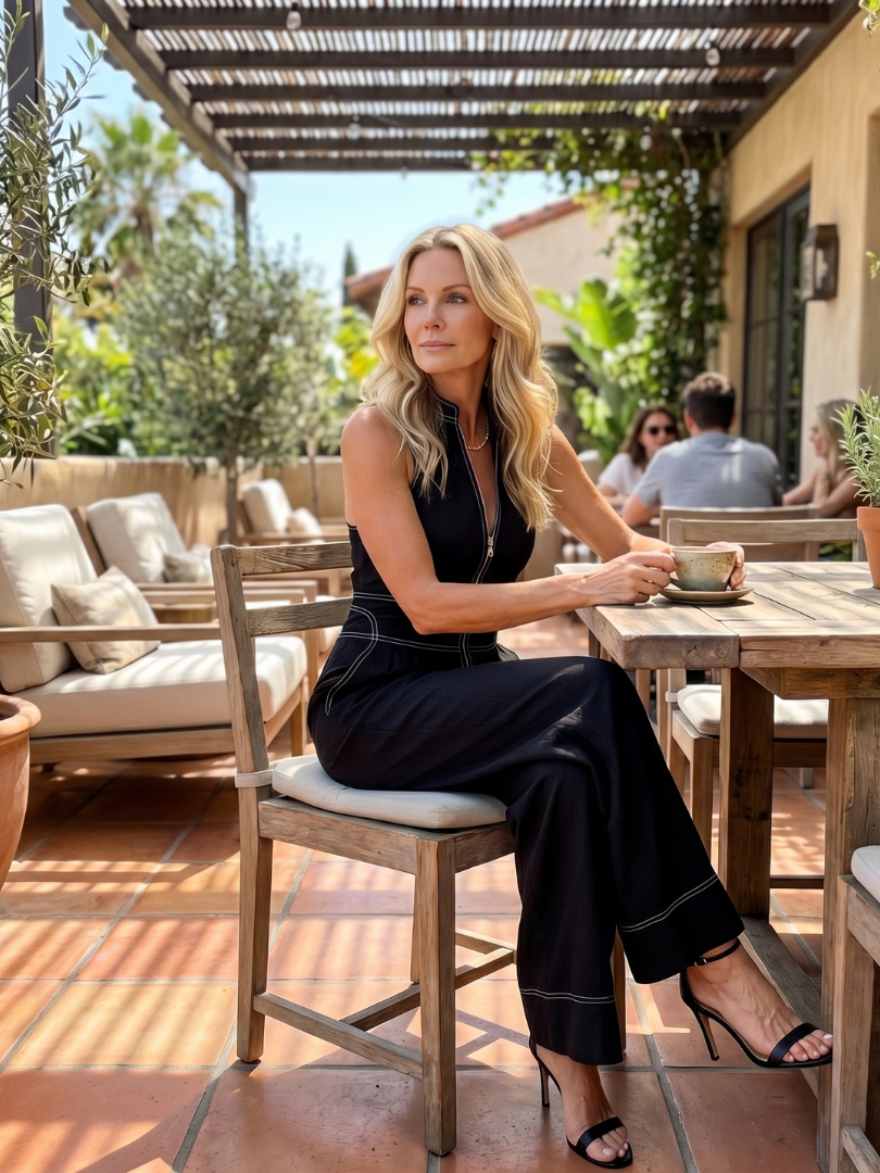 Black Dara zip-front contrast stitch wide-leg jumpsuit by THE WHITMORE FAMILY displayed on a hanger with detailed stitching.