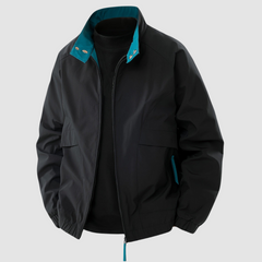 Black Mason™ casual spring jacket by THE WHITMORE FAMILY, shown on a hanger with front zipper and lightweight fabric.