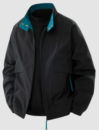 Black Mason™ casual spring jacket by THE WHITMORE FAMILY, shown on a hanger with front zipper and lightweight fabric.