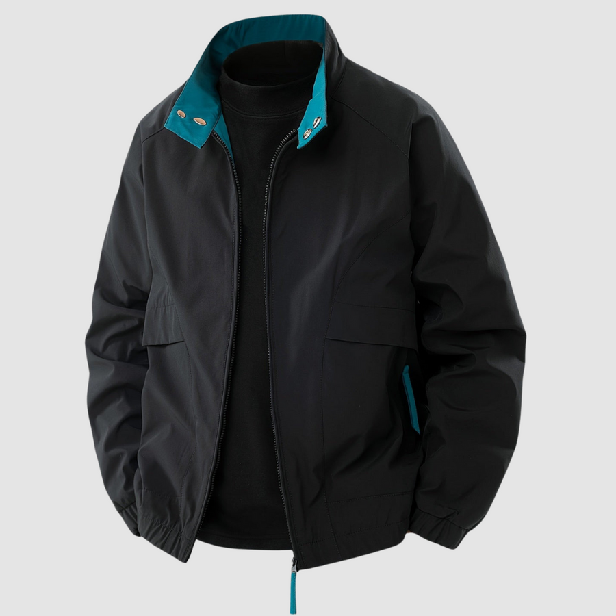 Black Mason™ casual spring jacket by THE WHITMORE FAMILY, shown on a hanger with front zipper and lightweight fabric.