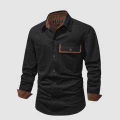 Black Mathew™ Elegant long-sleeved shirt by THE WHITMORE FAMILY, shown on a mannequin with a classic collar and button-down front.