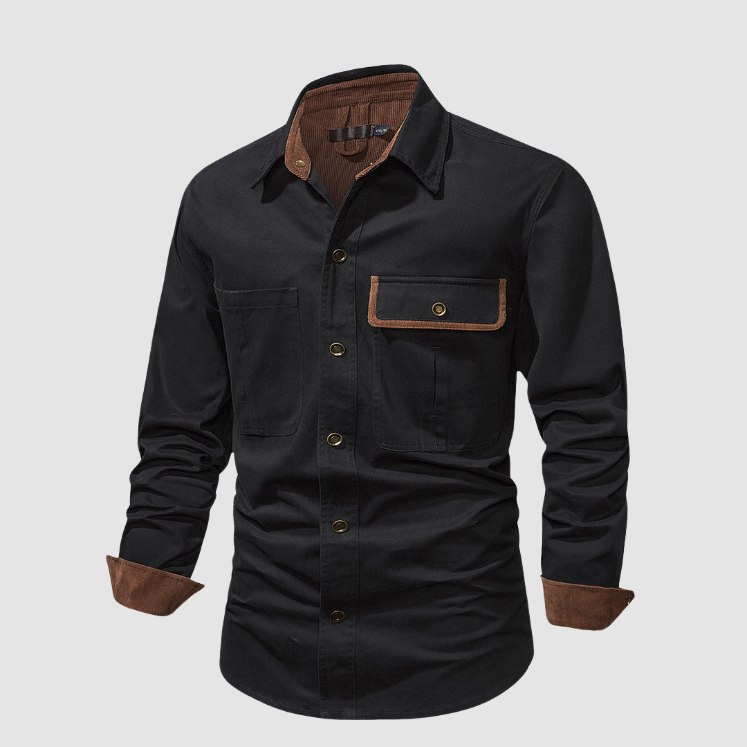 Black Mathew™ Elegant long-sleeved shirt by THE WHITMORE FAMILY, shown on a mannequin with a classic collar and button-down front.