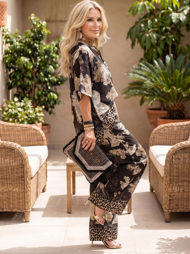 Black Mina printed wide-leg wrap top set by THE WHITMORE FAMILY, featuring a stylish wrap top and matching wide-leg pants.
