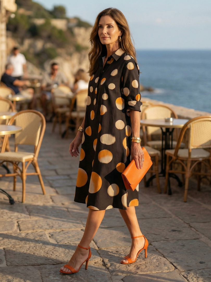 Black Vespera Sunset Dot Dress by THE WHITMORE FAMILY, featuring a flowy silhouette with sunset-inspired dot pattern.
