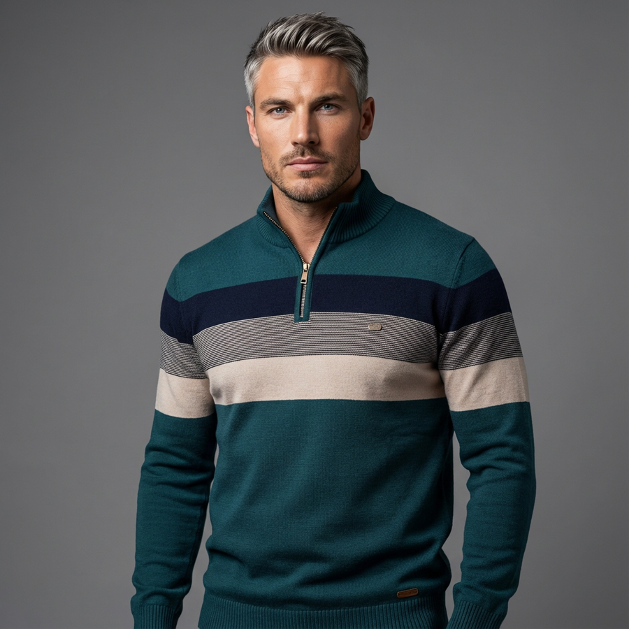 Black Lukas™ Elegant Pullover by THE WHITMORE FAMILY, featuring a sleek design with blue accents, displayed on a plain background.