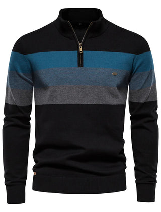 Black Lukas™ Elegant Pullover from THE WHITMORE FAMILY, featuring a classic design with blue accents, displayed on a neutral background.