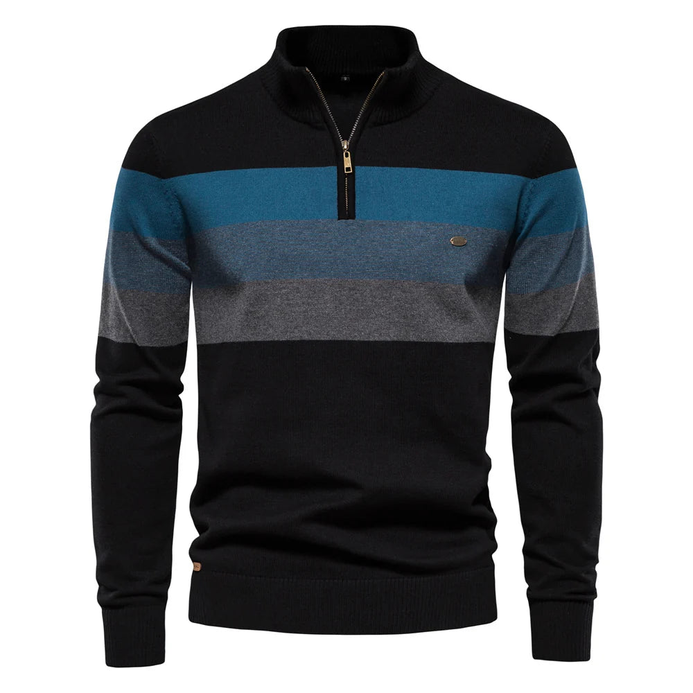 Black Lukas™ Elegant Pullover from THE WHITMORE FAMILY, featuring a classic design with blue accents, displayed on a neutral background.