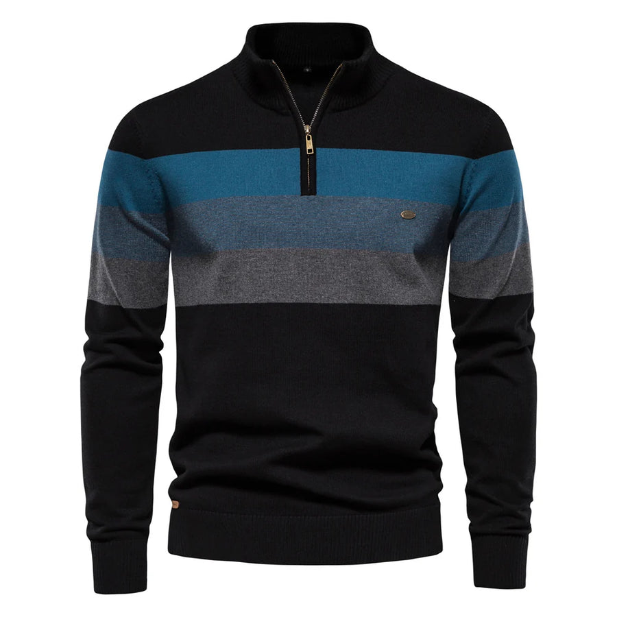 Black Lukas™ Elegant Pullover from THE WHITMORE FAMILY, featuring a classic design with blue accents, displayed on a neutral background.